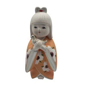 Vintage Japanese Ceramic Figurine Girl In Kimono Holding Bird Hand-Painted